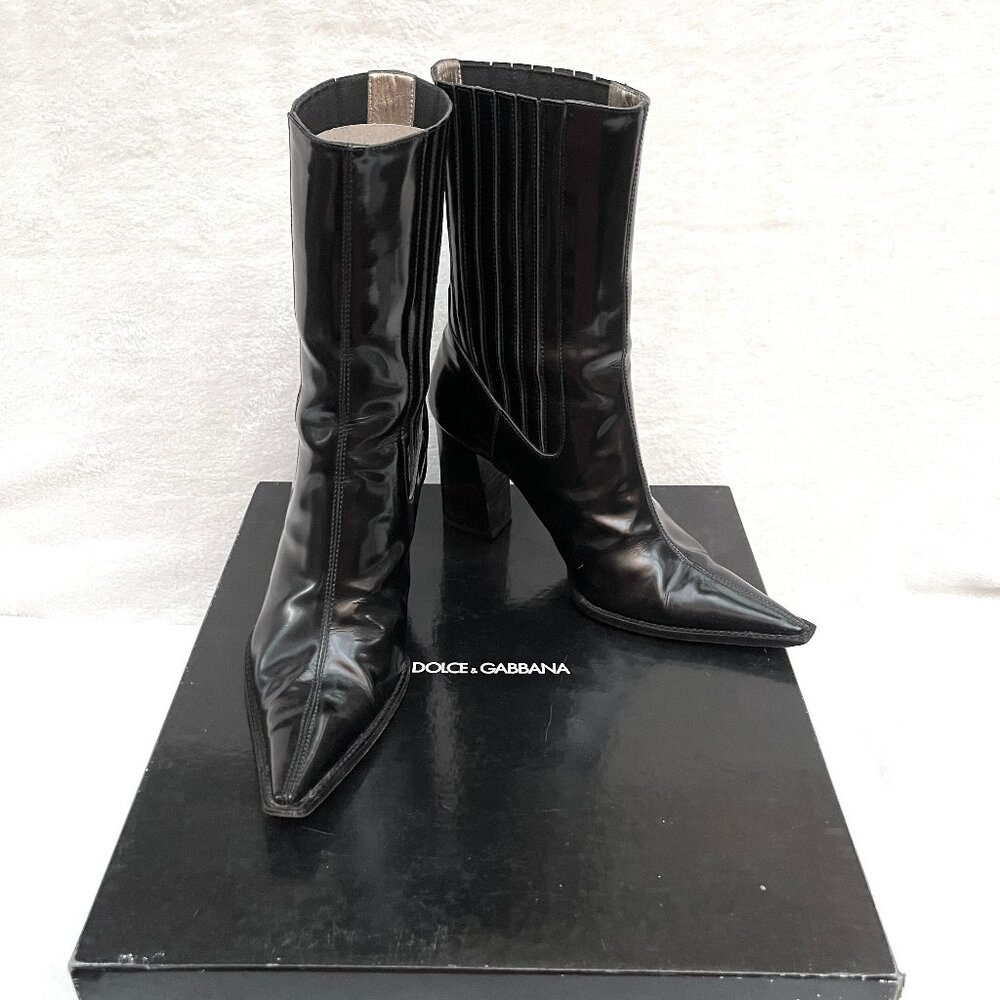 Auc Dolce&Gabbana pointed toe elasticized gores chunky heel smooth leather boots - Picture 7 of 13